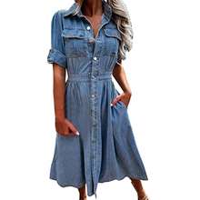 Summer Jean Dresses for Women Denim Short Sleeve